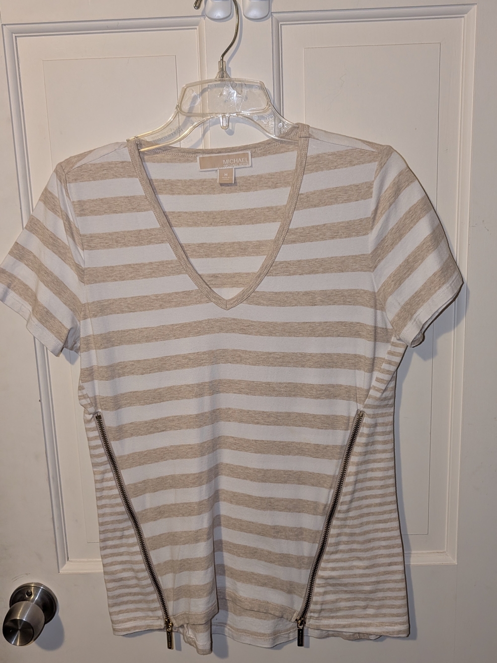 Women's Michael Kors Beige and White Striped V-Neck Tee with Side Zippers